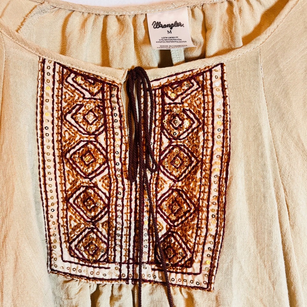 Wrangler Women Embroidered Sequin‎ Bohemian Tassel Tie Rodeo Western Md. Flowy